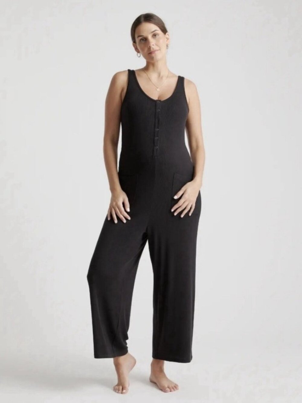 Quince  Black Tencel Rib Maternity & Nursing Jumpsuit Ladies Large NWT Preppy